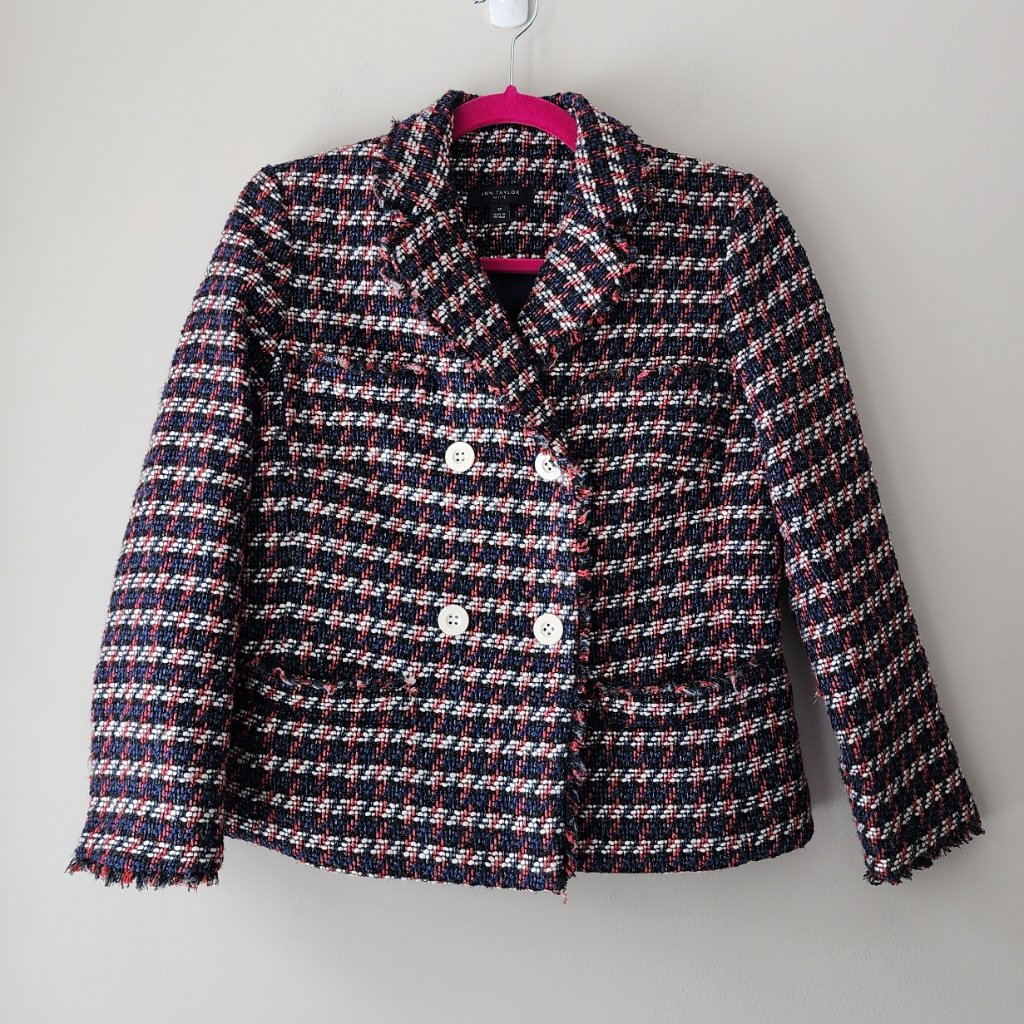 Ann Taylor Lined Tweed Jacket Size 6p Blazer Double Button Red White Blue Black